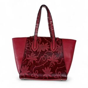 Mellow World Red Vegan Leather Tote Bag Floral Embossed Large Shoulder Purse